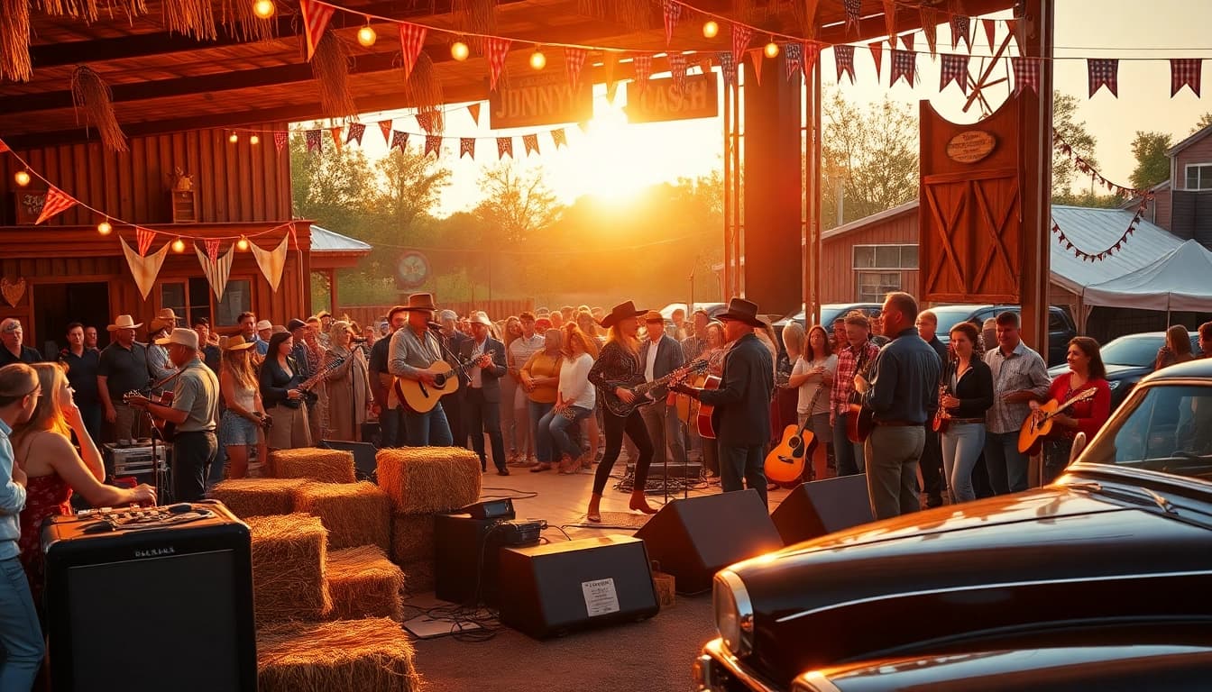 Experience the vibrant Johnny Cash birthday celebration at johnnycashbirthday.com with lively music, warm lighting, and joyous crowds.