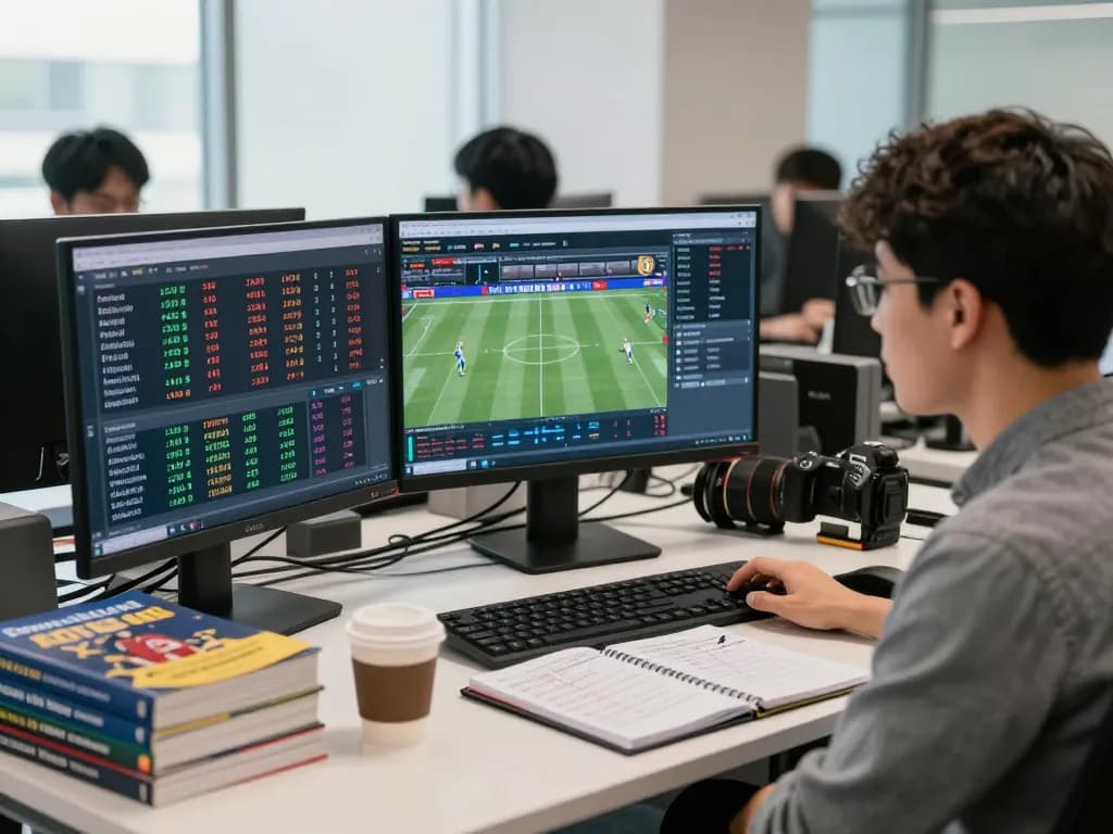 Sports analyst examining kèo nhà cái odds in a modern office