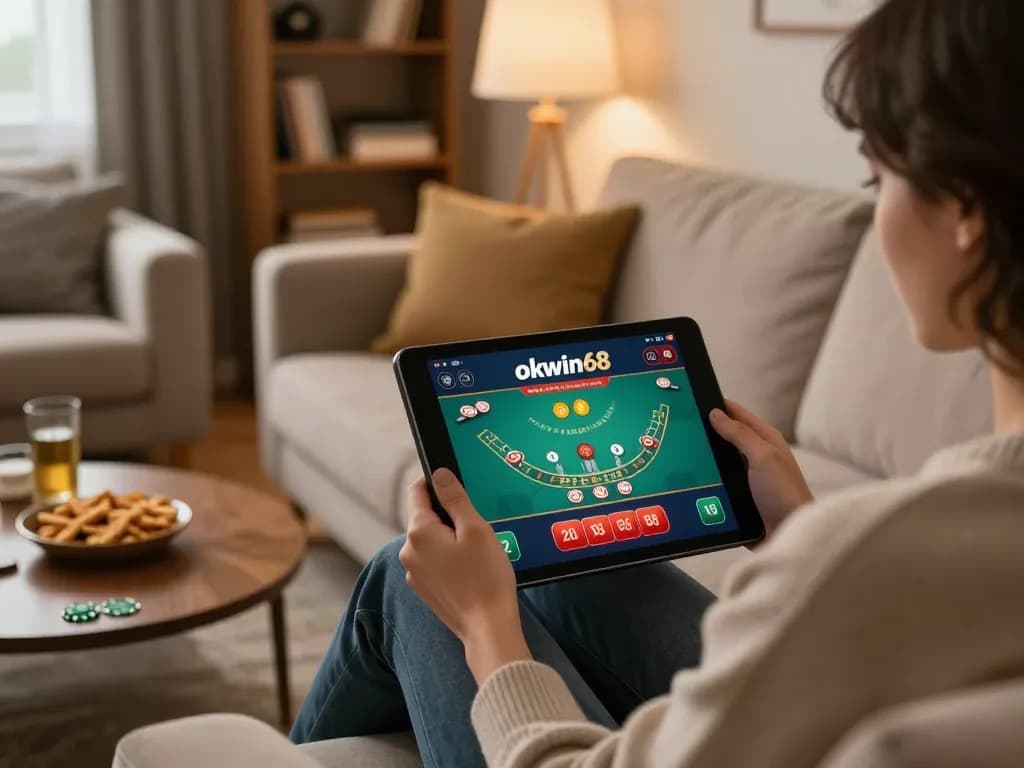Player engaging with okwin68 online casino app showcasing live blackjack game on tablet.