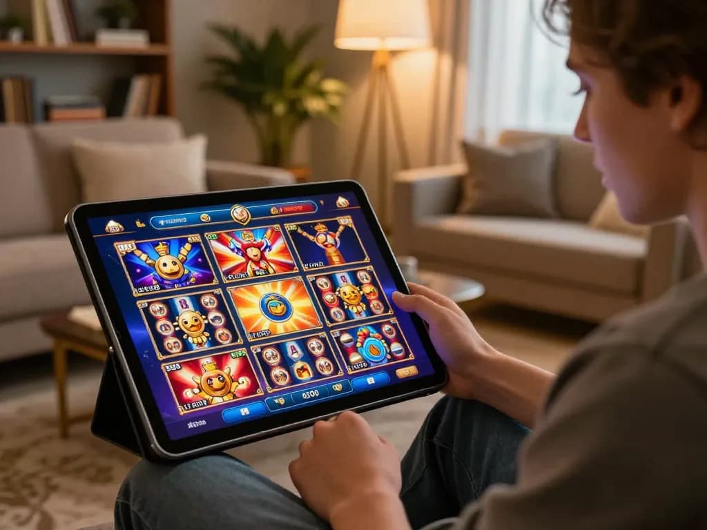 Person engaging with hit club online slot games on a tablet, immersive home gaming atmosphere