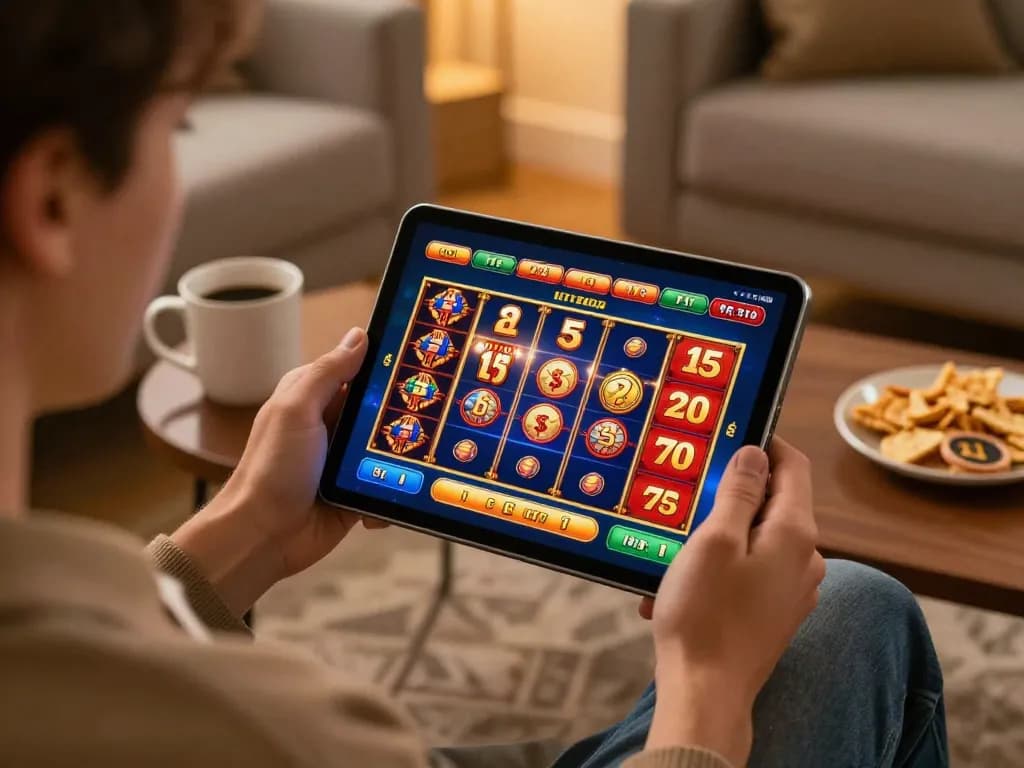 Active participant in online gaming at nhà cái fun79 showing various casino games on a tablet, enhancing gambling experience.