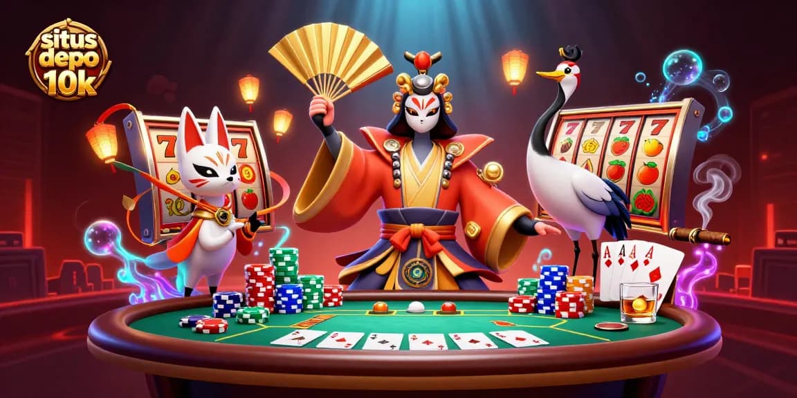 Engage in exciting gameplay with situs depo 10k featuring vibrant slot reels and kabuki warrior.