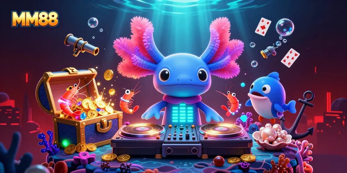 Experience the vibrant MM88 casino scene with a neon axolotl DJ and exciting gameplay elements.