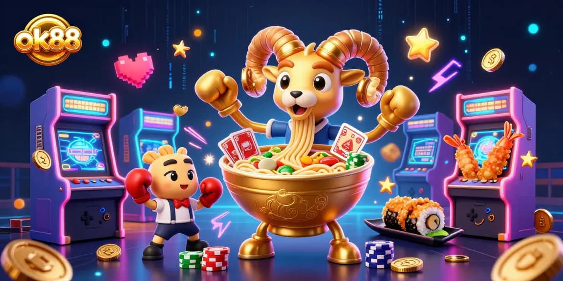 ok88 engages gamblers with a lively scene depicting arcade machines and colorful casino characters.
