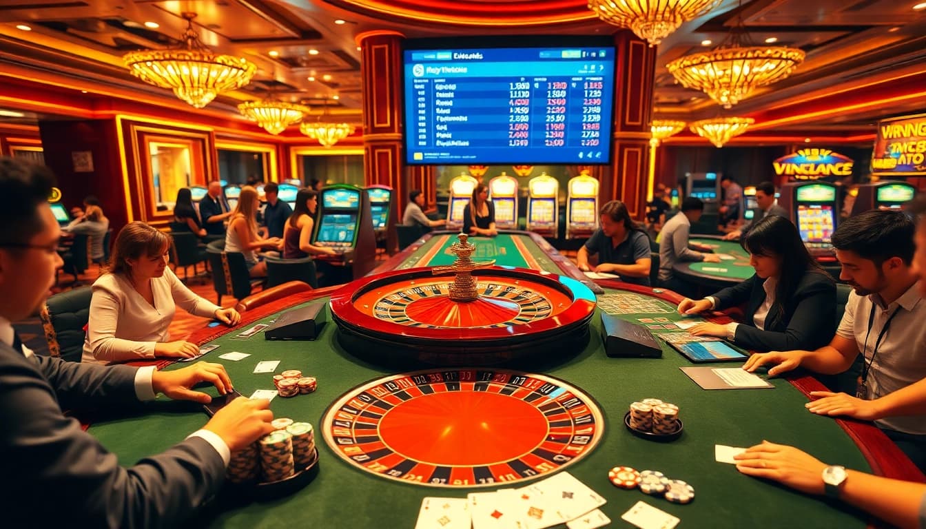 Players enjoying casino games at Vin88, with a vibrant roulette wheel and dynamic betting odds.