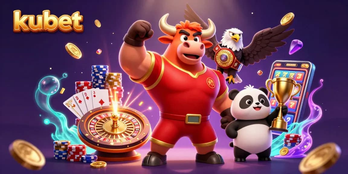 Celebreate big wins at kubet with a dynamic scene showcasing a bull mascot, eagle champion, and panda holding a trophy.