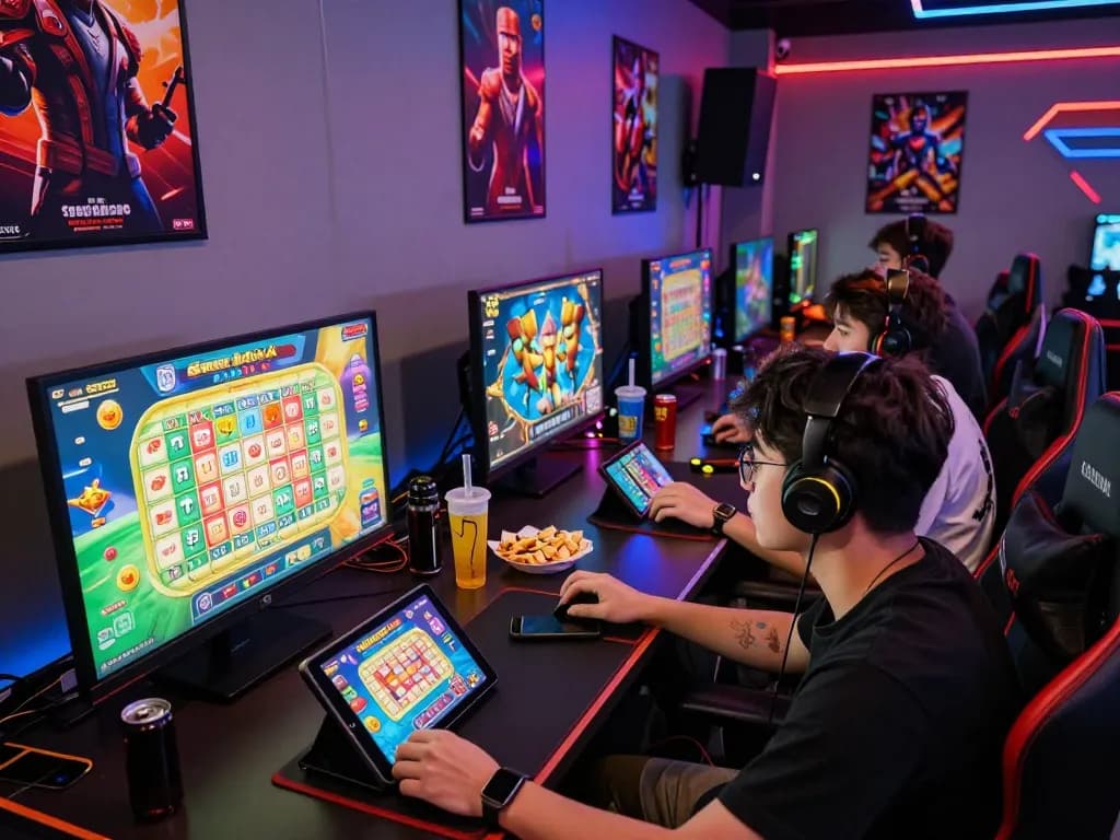 Enthusiastic friends gaming on popular platforms like https://max79.guru/ in a vibrant, modern gaming room.