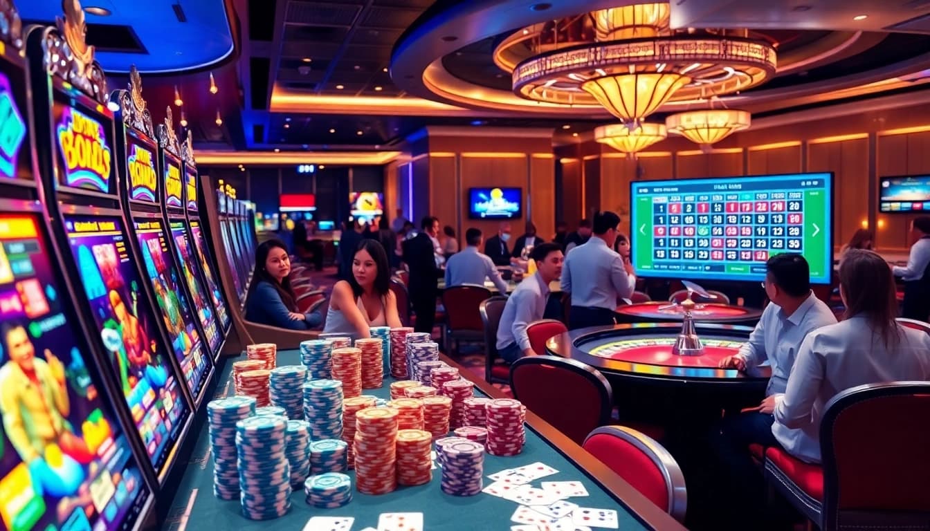 Gambling excitement at https://nohu90vn2.com/ with players at slots and roulette tables.