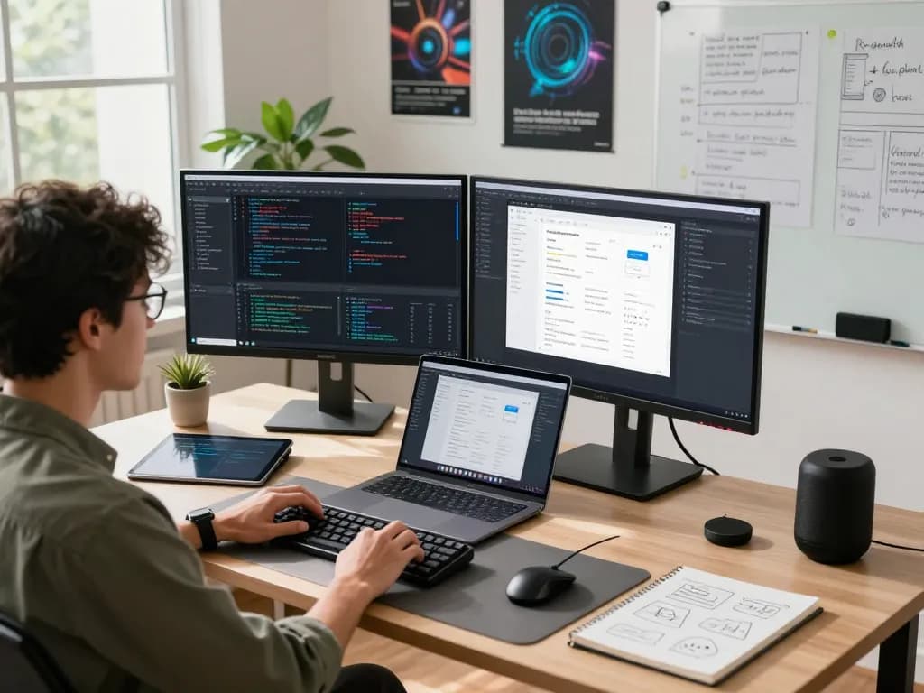 OpenClaw software development workspace with a developer coding on dual monitors, showcasing a tech-friendly atmosphere and productivity tools.
