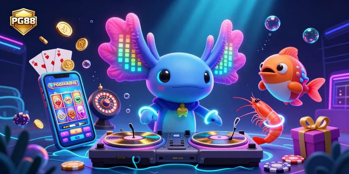 Experience thrilling gaming action with PG88 featuring neon axolotl DJ and dynamic slot elements.
