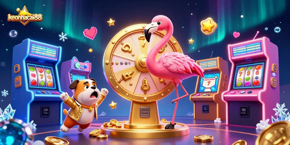 Experience the excitement at keonhacai88 with a 3D cartoon casino scene featuring vibrant game elements.
