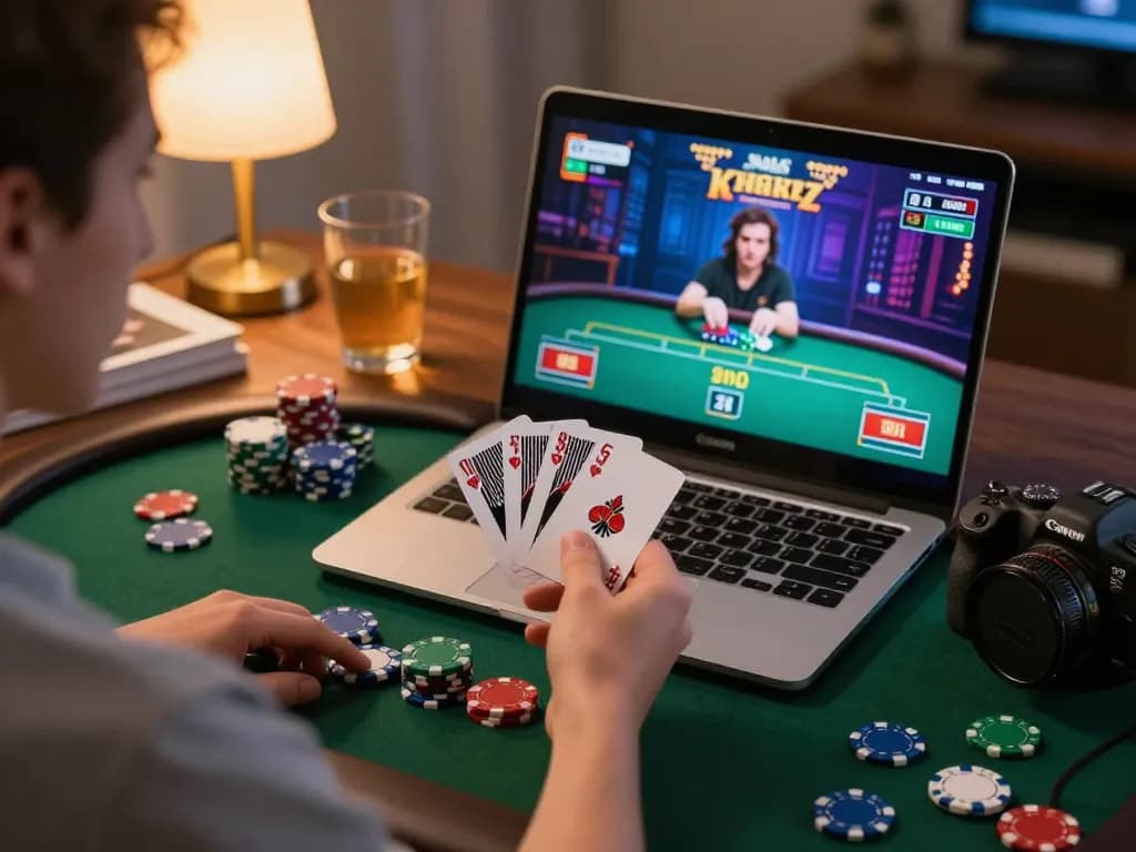 MM88 player celebrating a winning poker hand during an online game with strategic focus and vibrant atmosphere.