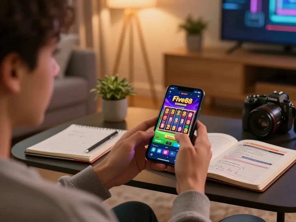 Engaging with the five88 casino app on a smartphone, player enhances online gaming experience in a cozy atmosphere.