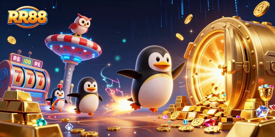 RR88 engages players in dynamic casino action with a golden penguin navigating a vibrant jackpot universe.