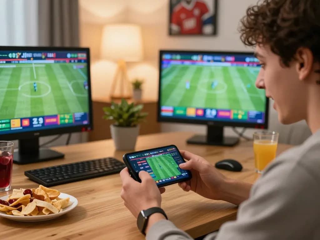 Person placing a bet on bk33 using a smartphone at home, showcasing an excited sports betting moment.