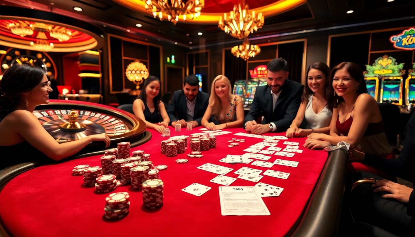 Gambling excitement at tg88 with players at a poker table and roulette wheel.