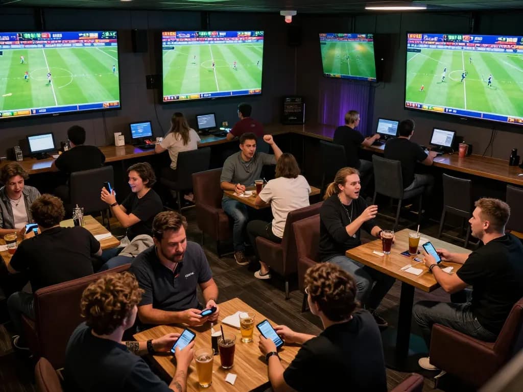 Sports betting excitement at Cakhiatv with fans cheering and using mobile devices for live bets.