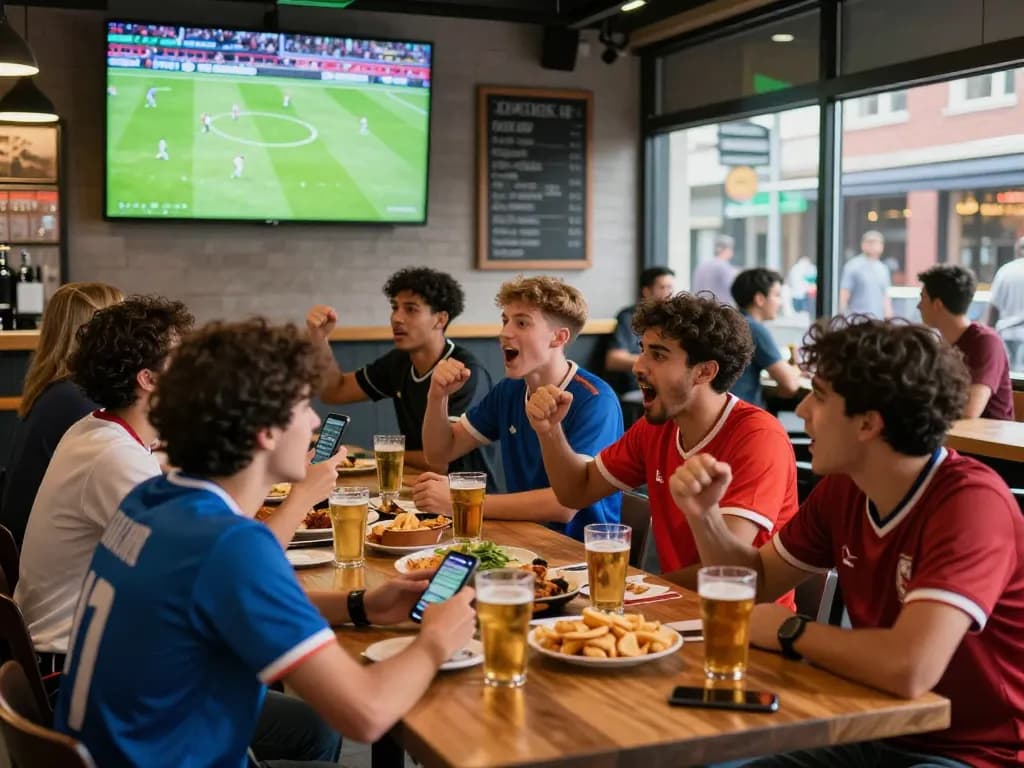 Fans enjoying live soccer at a sports bar while following 7m updates on their devices.