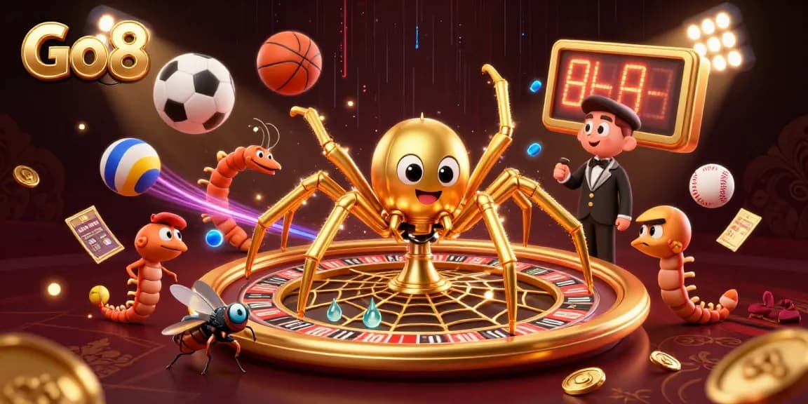 Place your bets with Go8 in a vibrant casino scene featuring a golden spider and lively sports elements.