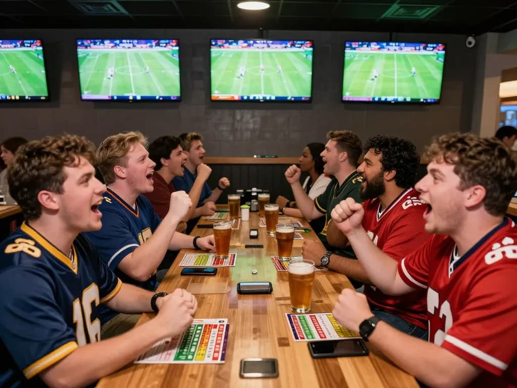 Friends enjoying a football betting experience while cheering for their favorite team during a match.