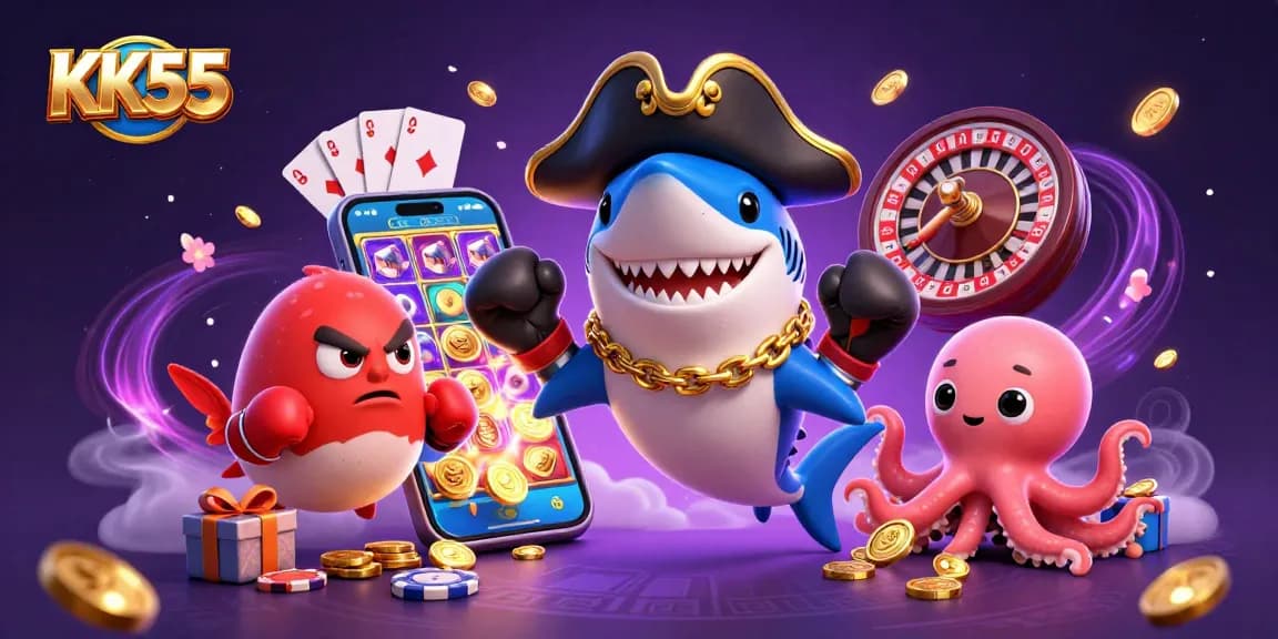 Engage with KK55 casino fun featuring a cartoon pirate shark, pufferfish, and octopus amidst thrilling gaming elements.