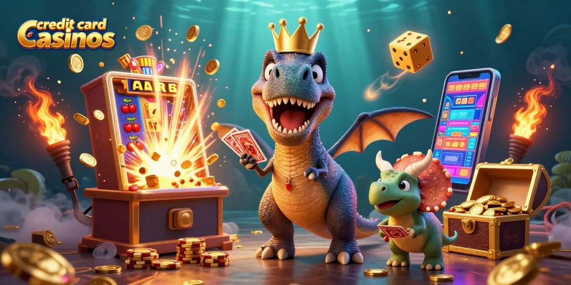 Experience the thrill of credit card casinos with a T-Rex shuffling cards amidst a jackpot explosion!