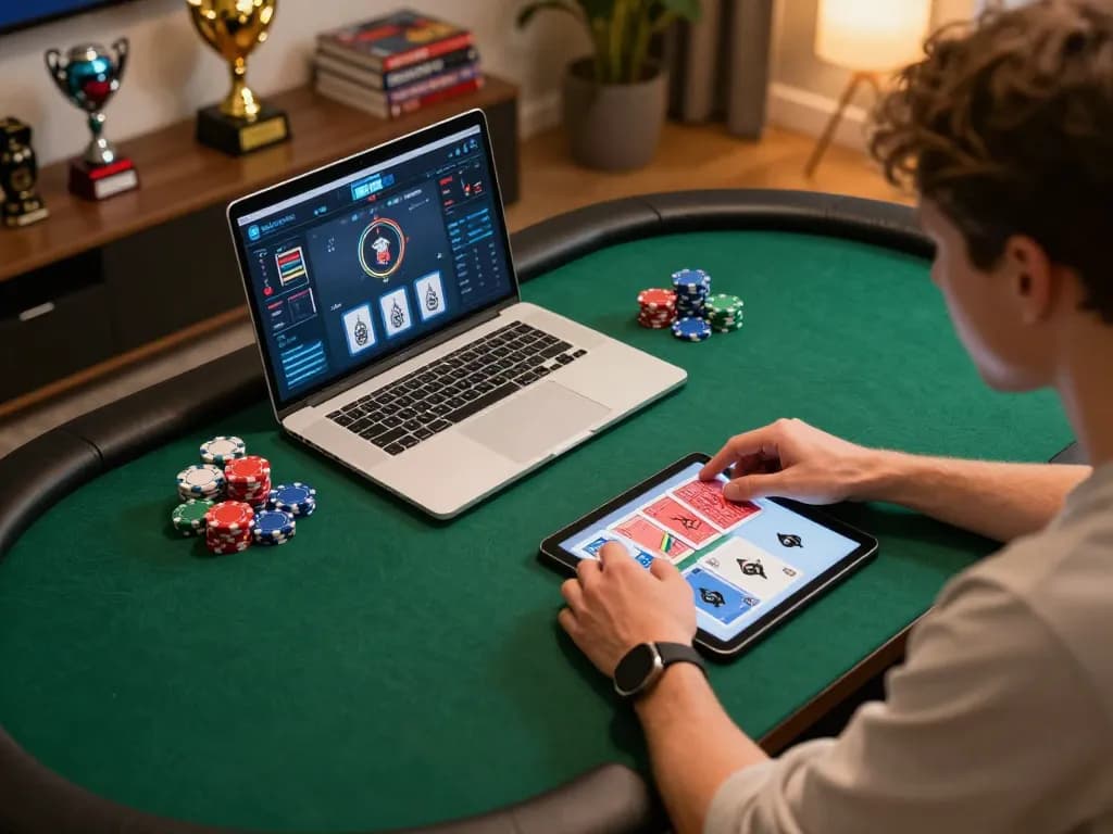 Engaging poker game setup at home showcasing a player using hay88x platform for online gambling strategy.