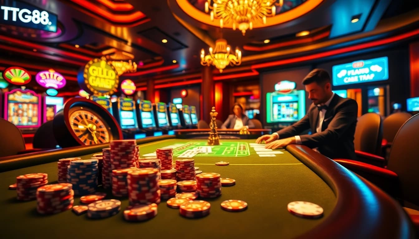Experience high-stakes action at TG88.cafe with vibrant poker tables, glittering chips, and slot machines.