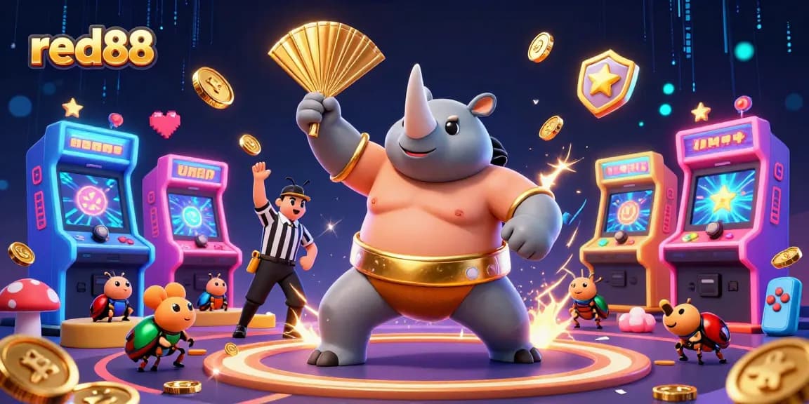 Experience the excitement at red88 as a rhinoceros beetle champion unleashes golden coins in a vibrant casino scene.
