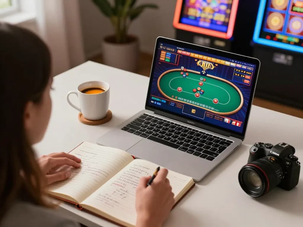 Player engaged in an online poker game at home, utilizing 98win for strategic gameplay review.
