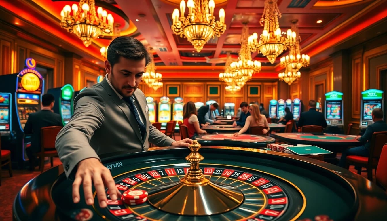 Experience luxury gambling with haywin chips at a lively casino roulette table.