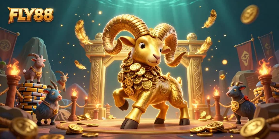 Experience FLY88's thrilling gaming environment with a golden ram charging through a dynamic casino scene.