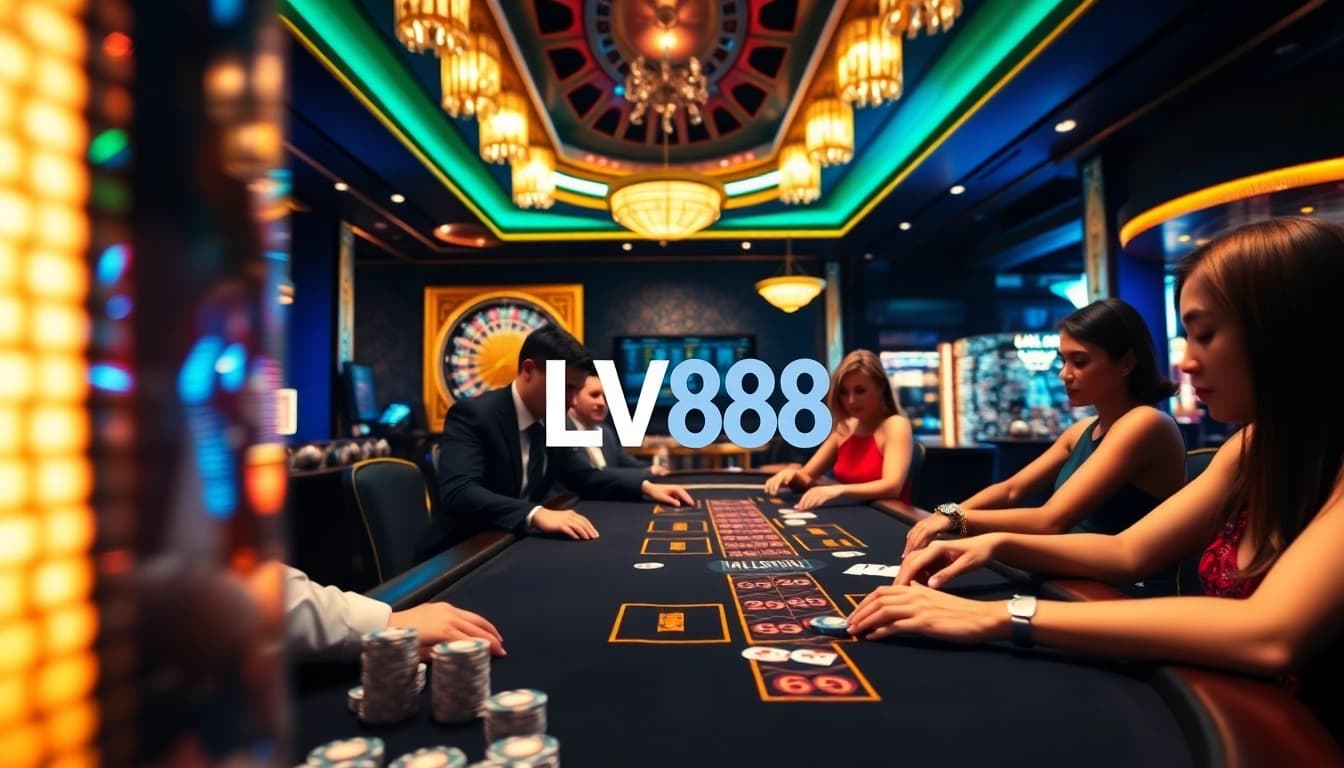 Experience high-stakes gaming at LV88 with poker chips and eager players at a blackjack table.