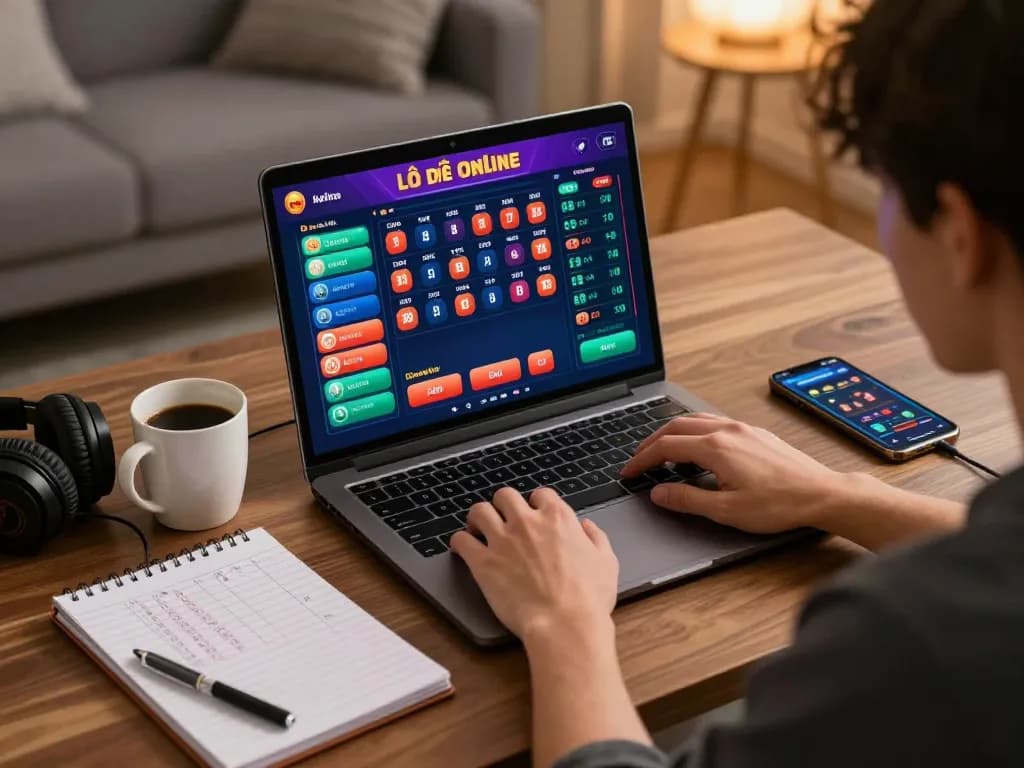 Lô Đề Online gameplay on a laptop at a cozy home desk, showcasing strategic betting options and analysis.