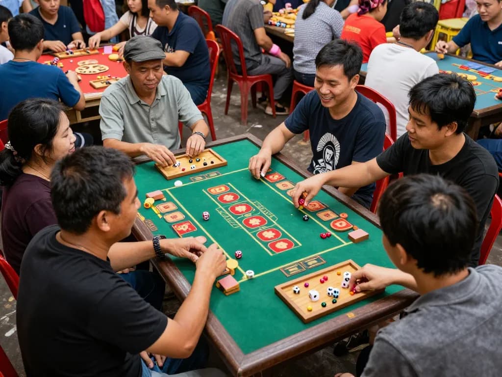 xóc đĩa players placing bets on a vibrant table in a lively market setting