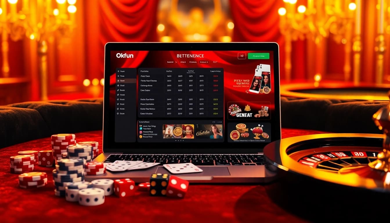 Experience the excitement of Okfun with vibrant online casino gameplay featuring poker chips and roulette.
