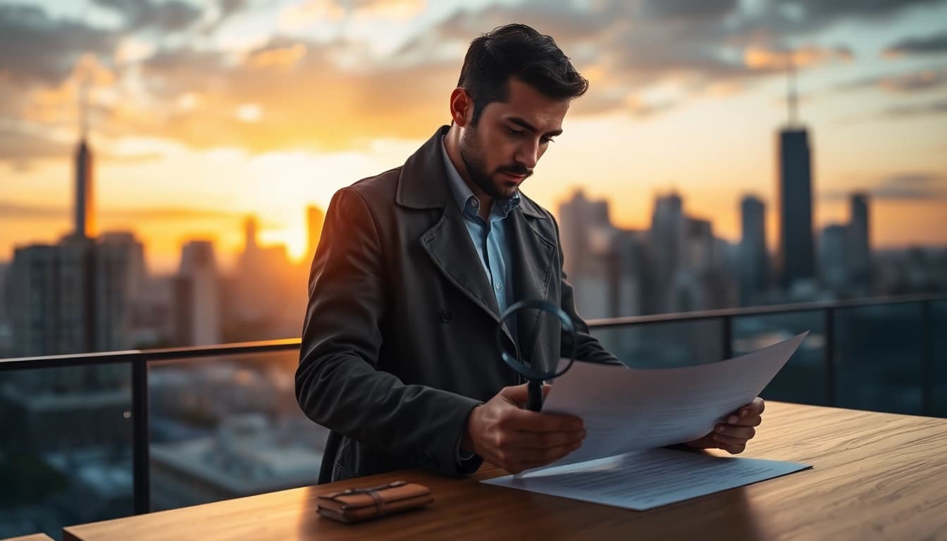 Private investigator analyzing evidence with a magnifying glass in an urban sunset backdrop.