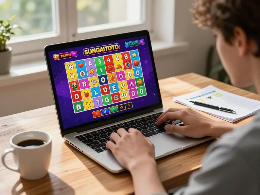 SUNGAITOTO player examining bingo cards online from a cozy home setup, emphasizing strategic gameplay.