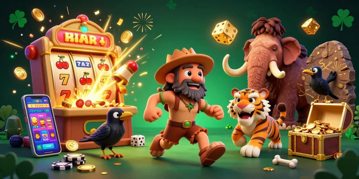 Engage in thrilling gaming adventures at 1gom with 3D caveman and sabertooth tiger at a vibrant casino.