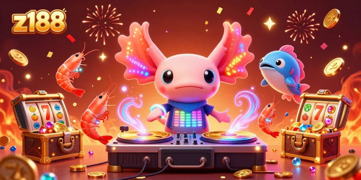 Experience z188 with a vibrant underwater casino scene featuring a neon axolotl DJ and lively game elements.