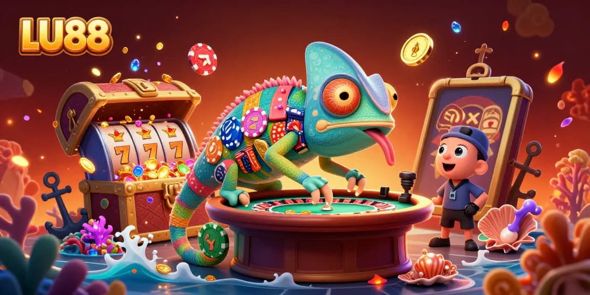 LU88 chameleon casino owner amidst vibrant casino elements in a rich 3D scene.