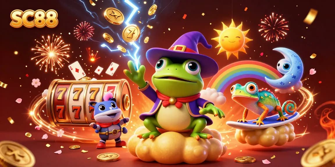 Experience the excitement of SC88 with a vivid illustration featuring a wizard frog and more in a golden casino-themed scene.