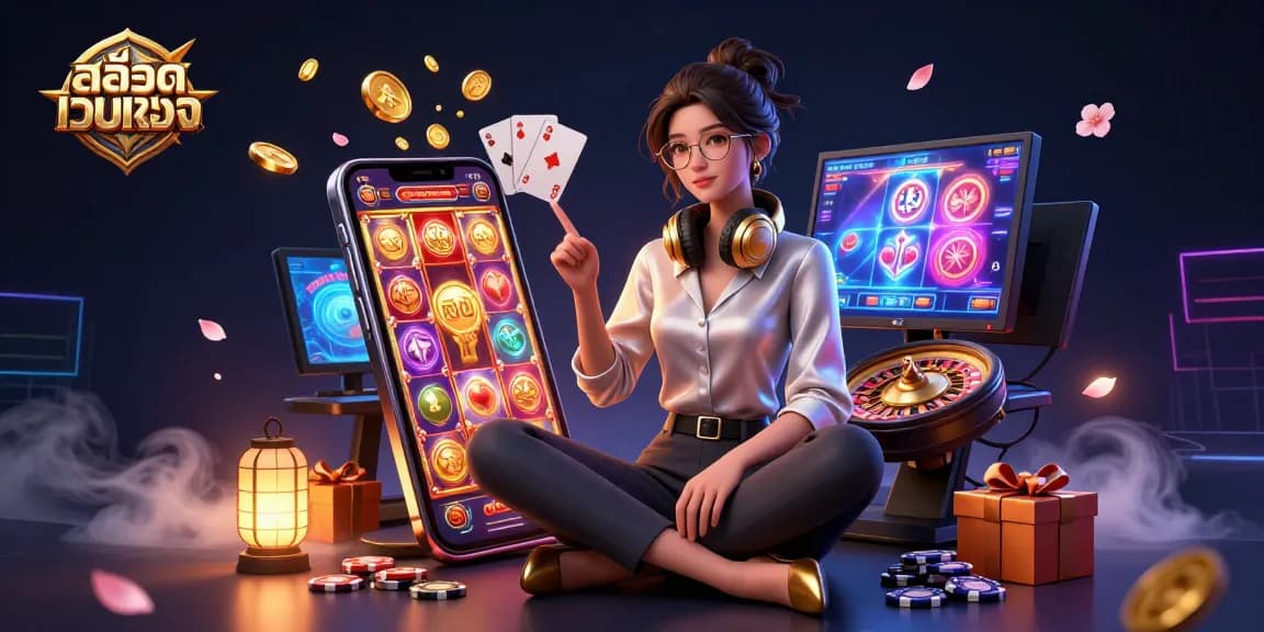 Engage with สล็อตเว็บตรง as an elegant woman enjoys high-tech slot games amidst rich gaming elements.