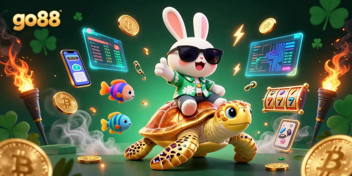 Engaging go88 illustration with a lucky rabbit and golden turtle amidst vibrant casino-themed elements.