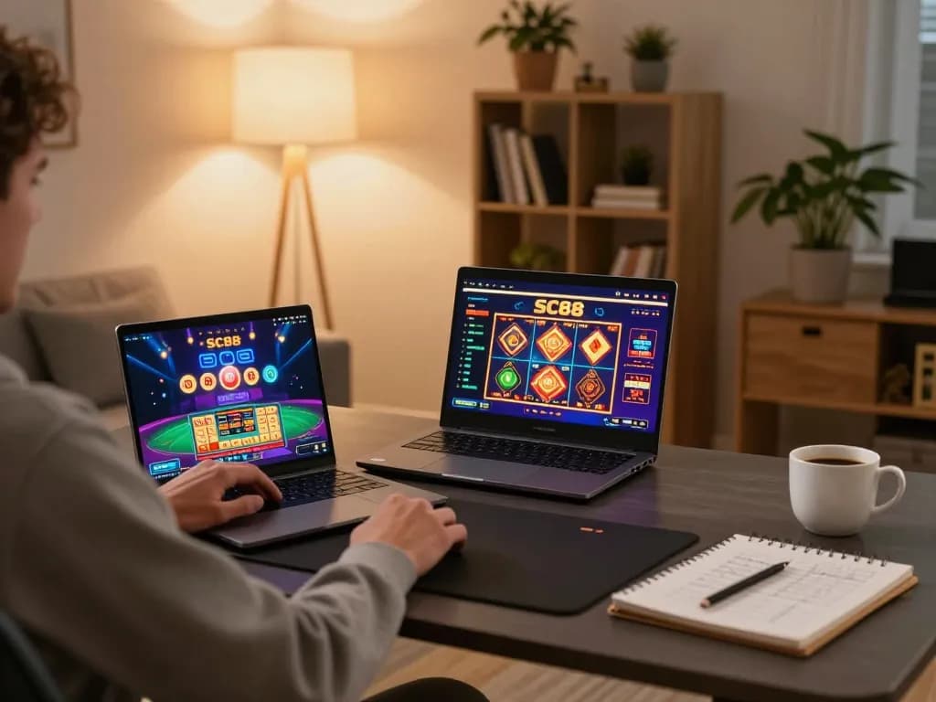 Player enjoying strategic gameplay in SC88 online casino setup at home