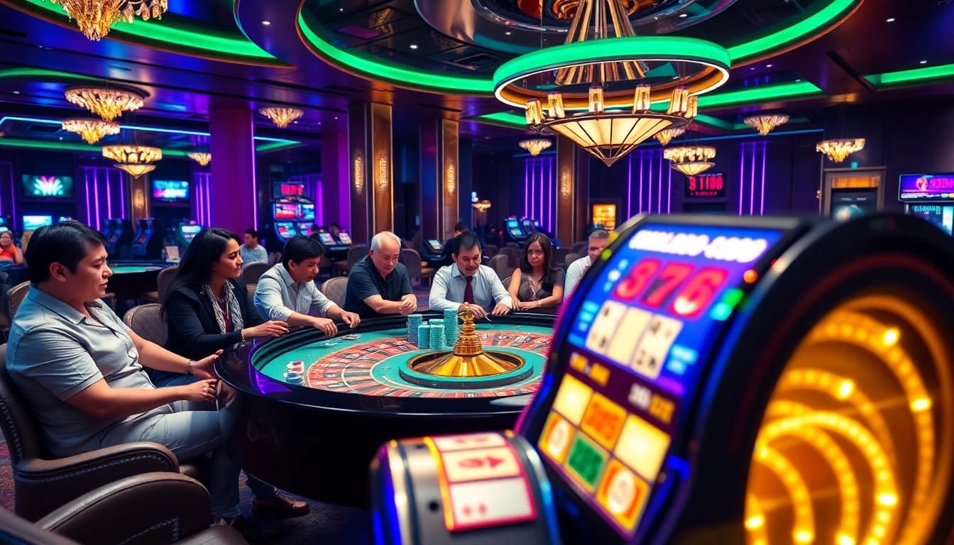 Players enjoying games at OK8386's vibrant casino, featuring roulette and slot machines.