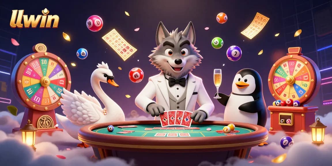 Experience exciting gaming action at llwin with a charming wolf, swan, and penguin in a vibrant casino setting.