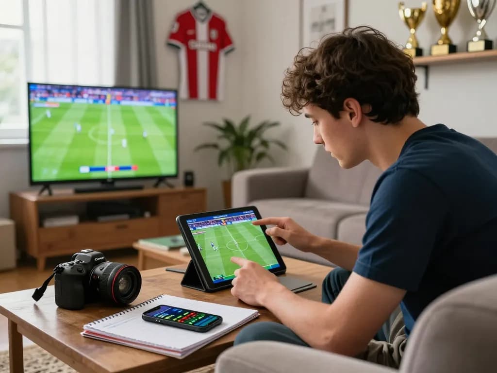 Person engaged in live betting on nowgoal with sports statistics, cozy atmosphere.