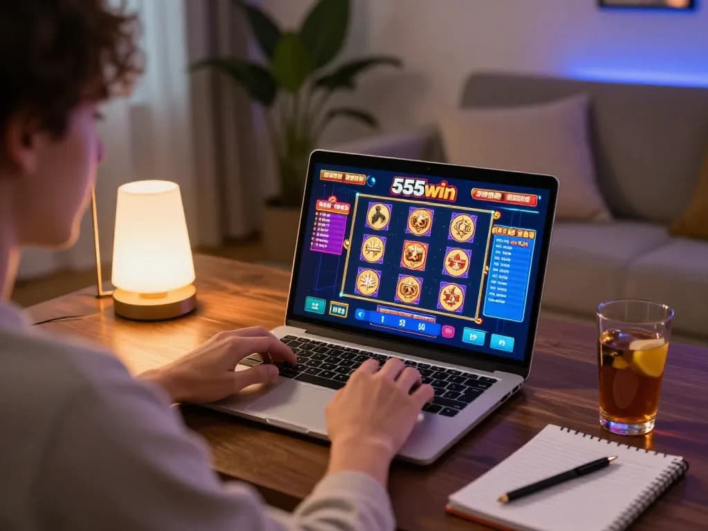 Engaging gameplay on 555win with colorful slots displayed on a laptop, highlighting online casino excitement.