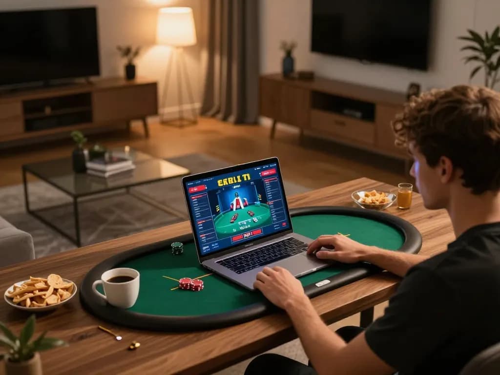 Engaging in online poker gaming on n88 platform at a stylish home setup.